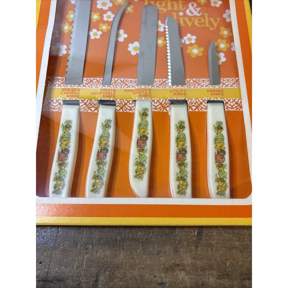 Set 5 Vtg Nos Quikut Mushroom Handle Knives Stainless Steel USA Original Box 70s